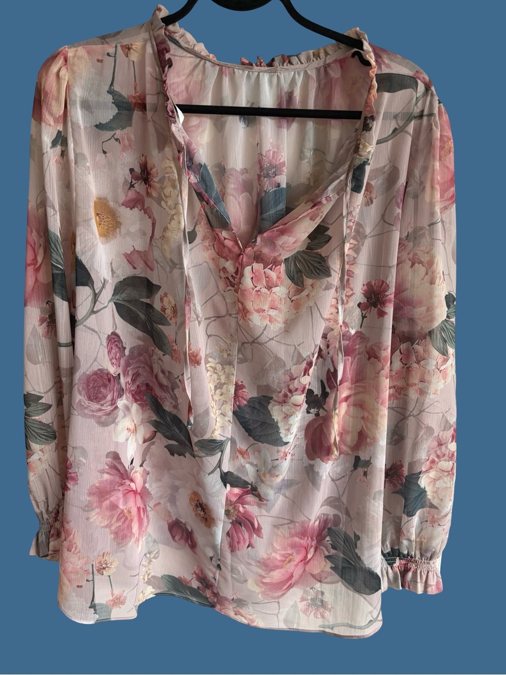 Women's Sheer Floral Tie-Neck Blouse - Pink